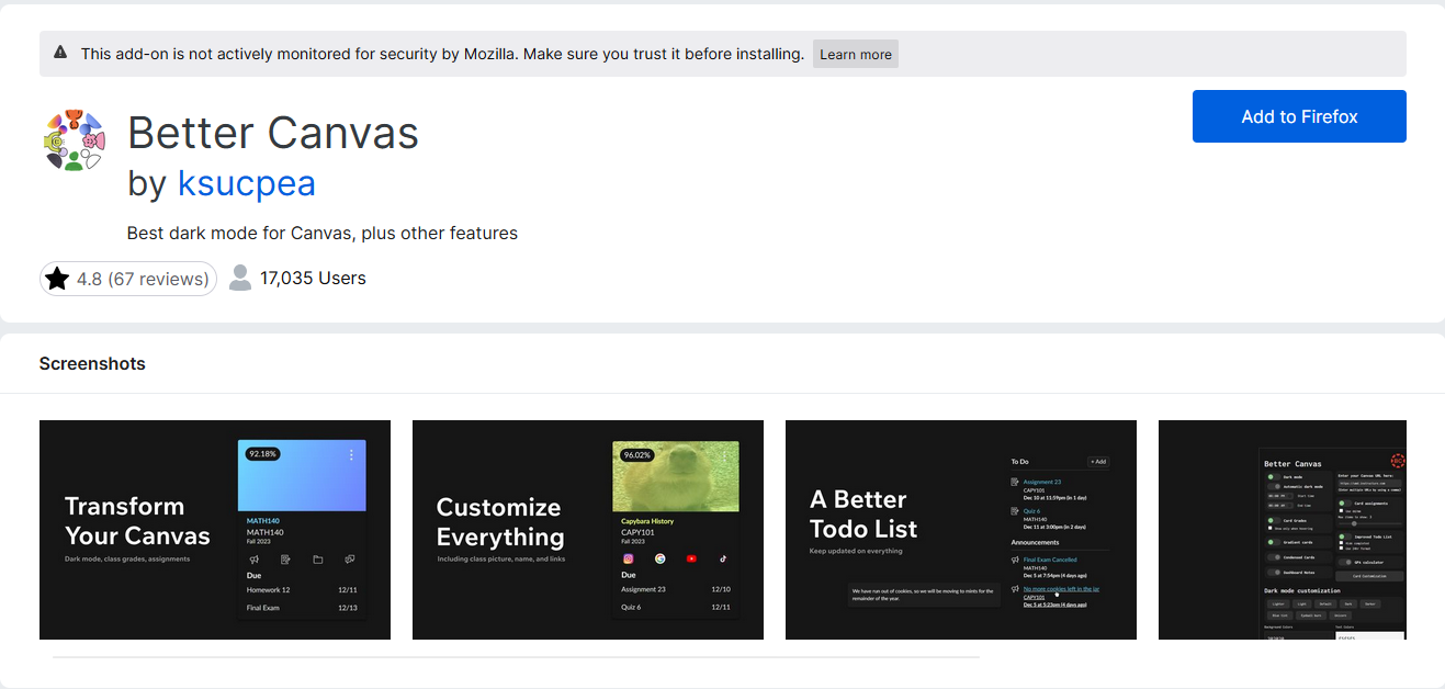 Better Campus (formerly Better Canvas) Firefox Add-ons Installation Tutorial